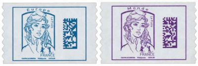 1216-1217 Timbres adh�sifs Marianne Ciappa Europe bleu ciel et Monde violet papier blanc 2016