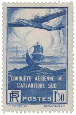 1936 - France 320 100�me travers�e a�rienne de l\'Atlantique-Sud par les avions postaux fran�ais 1,50f bleu-violet