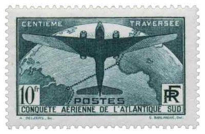 1936 - France 321 100�me travers�e a�rienne de l\'Atlantique-Sud par les avions postaux fran�ais 10f vert-fonc�