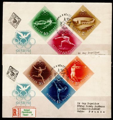 1952 - Hongrie 2 Enveloppes 1er jour n� 1046/1053, Poste A�rienne 130/131 - Jeux Olympiques d\'�t� - 1952 Helsinki