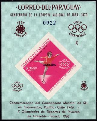1966 - Paraguay Bloc Non Dentel� n� 55 muestra - Jeux Olympiques d\'hiver - 1968 Grenoble