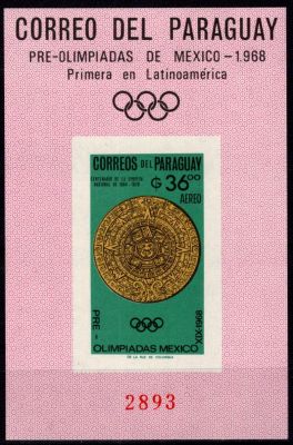 1966 - Paraguay Bloc Non Dentel� n� m82  - Art pr�colombien - Pr�-olympique - 1968 Mexico
