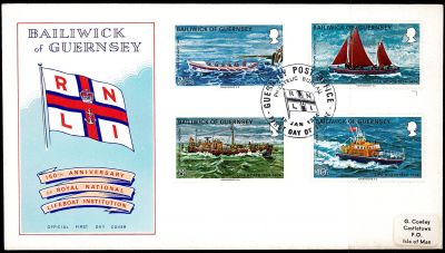 1974 - Guernesey Enveloppe 1er jour n� 84/87 - Bateaux - 150e anniversaire de la soci�t� royale de sauvetage en mer