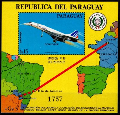 1975 - Paraguay Bloc n� 214 - 1er vol du Concorde entre Paris et Rio le 21 janvier 1976