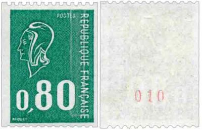 1976 - France roulette n� 67 - Marianne de B�quet - Bande de 11, 80 c. vert (grav�)