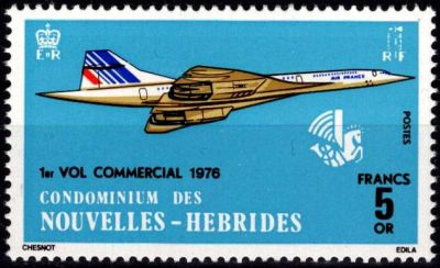 1976 - Nouvelles H�brides timbre poste-a�rienne n� 424 - Concorde 1er vol commercial Paris-Dakar-Rio-Dakar-Paris