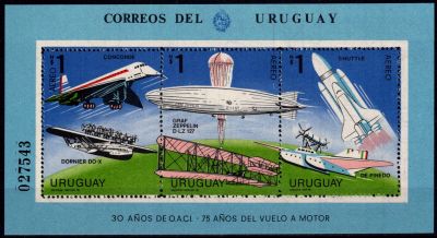 1978 - Uruguay Bloc n� m38 - 30e anniv. de l\'aviation civile internationale (OACI) et 75e anniv. du 1er moteur a�rien
