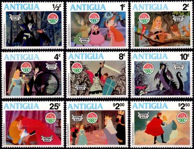 1980 - Antigua Timbres n� 592/600 - No�l - Le monde de Walt Disney - Sc�nes du film \ La Belle au bois dormant\ 