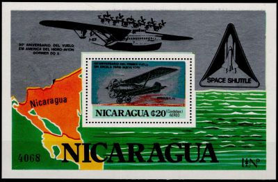1980 - Nicaragua BF n� 132a - 50e anniversaire du 1e vol sans escale Paris-New-York
