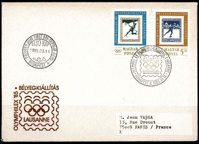 1985 - Hongrie Enveloppe 1er jour n� 2968/2969 - Timbres sur timbres - Exposition philat�lique \ Olymphilex\'85\ 