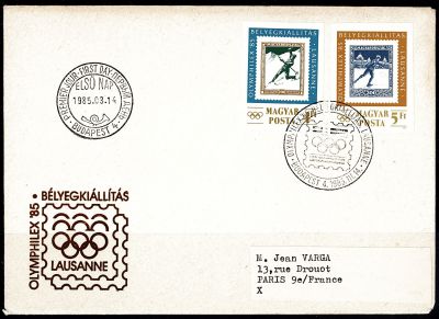 1985 - Hongrie Enveloppe 1er jour n� 2968ND/2969ND - Timbres sur timbres - Exposition philat�lique \ Olymphilex\'85\ 