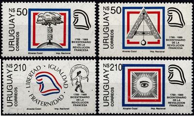 1989 - Uruguay Timbres n� 1276/1279 - Symboles - Bicentenaire de la R�volution fran�aise 