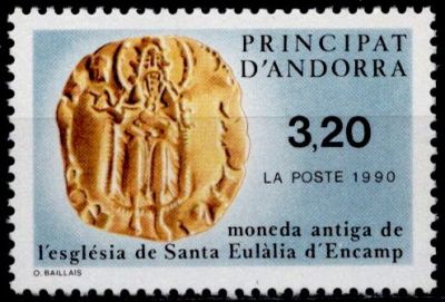 1990 - Andorre Fran�ais Timbre n� 397 - Pi�ce de monnaie provenant de l\'�glise de Sant Eulalia d\'Encamp
