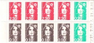 1990 - Bande carnet France 1502 - Marianne de Briat multiples 0,10cts,0,20cts et 2,30fr. 