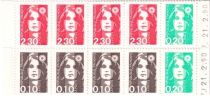 1990 - Bande carnet France 1502 - Marianne de Briat multiples 0,10cts,0,20cts et 2,30fr. 