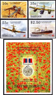 1995 - Barbade Timbres n� 908/911 et Bloc n� 32 - 50e anniversaire de la fin de la seconde guerre mondiale