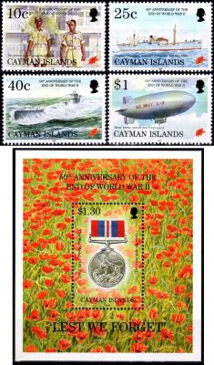 1995 - Caimanes Timbres n� 751/754 et Bloc n� 21 - 50e anniversaire de la fin de la seconde guerre mondiale