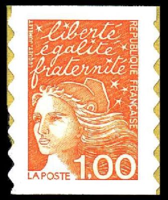 1997 - France Adh�sif 16 (3101) Marianne de Luquet 1,00F orange La Poste bords ondul�s