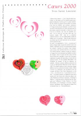 2000 - France 3297/3298 - Saint-Valentin, C�urs Yves Saint Laurent (autoadh�sifs) (Document Philat�lique)