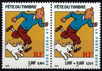 2000 - France 3303/3304 - F�te du Timbre, Tintin et Milou 3f. - 0,46 � + 3f.+60c. - 0,55 � (La paire �mise en carnet)