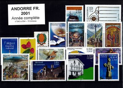 2001 - Andorre fran�ais timbres n� 540-554 - Ann�e Compl�te