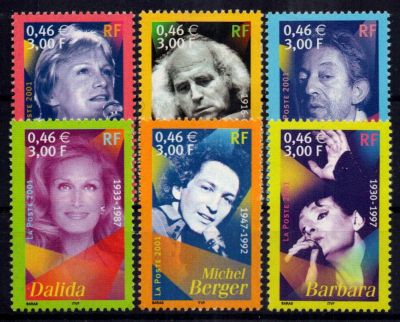 2001 - France 3391/3396 - Artiste de la chanson fran�aise (Les 6 valeurs)