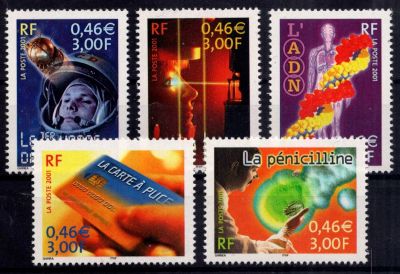 2001 - France 3422/3426 - Le si�cle au fil du timbre (IV) - Les Sciences (Les 5 valeurs d�coup�es)