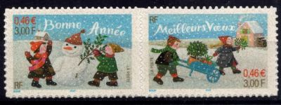 2001 - France 3439/3440 - Enfants transportant du houx et un paquet cadeau dans une brouette. (Les 2 timbres adh�sifs �mis en ca
