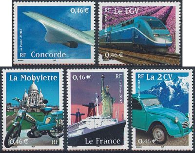 2002 - France 3471/3475 - Le si�cle au fil du timbre (V) - Les Transports (Les 5 valeurs d�coup�es)