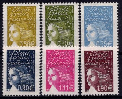 2003 - Timbres de France n�3570/3575 - Les couleurs de Marianne en Euros 0,58 �, 0,70 �, 0,75 �, 0,90 �, 1,11 �, 1,90 � (Les 6 v