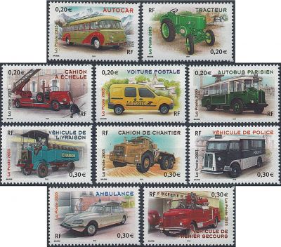 2003 - Timbres de France n�3609/3618 - Collection Jeunesse - V�hicules utilitaires (Les 10 timbres d�coup�s du bloc n�63)