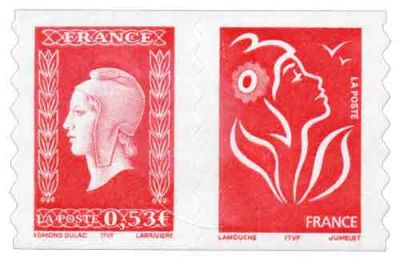 2005 - France Adh�sif P66 (3841+3744) Paire 60�me anniversaire de la Marianne de Dulac