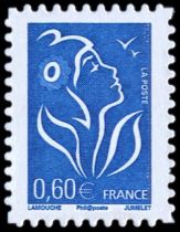 2006 - France Adhésif 85C (perso.3966A) Marianne de Lamouche 0,60 bleu dentelé 4 côtés
