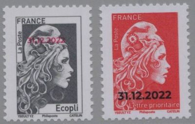 2022 - France Paire Marianne Ecopli Lettre prioritaire Surcharg�es 31.12.2022