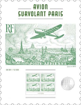 2024 - Affiche dentel�e n�9 France  - Affiche num�rot�e avec 4 timbres Poste-A�rienne (type n� PA-14)