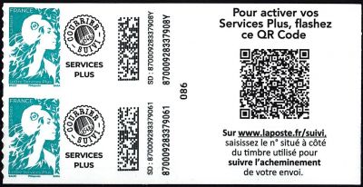 2024 - France Adh�sif QR-CODE 2 X 2359A - Marianne de l\'Avenir Lettre Services Plus provenant de carnet (turquoise) 