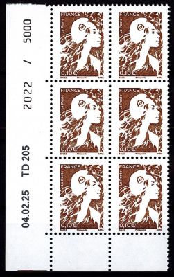 2025 - Coin dat� de timbres France - Marianne de l\'Avenir 0,10 � x 6 (mention Philaposte)