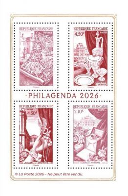 2025 - France Feuillet Philagenda 2026 - Agenda livr� avec feuillet 4 timbres \ Productions Fran�aises de Luxe\  hors abonnement E