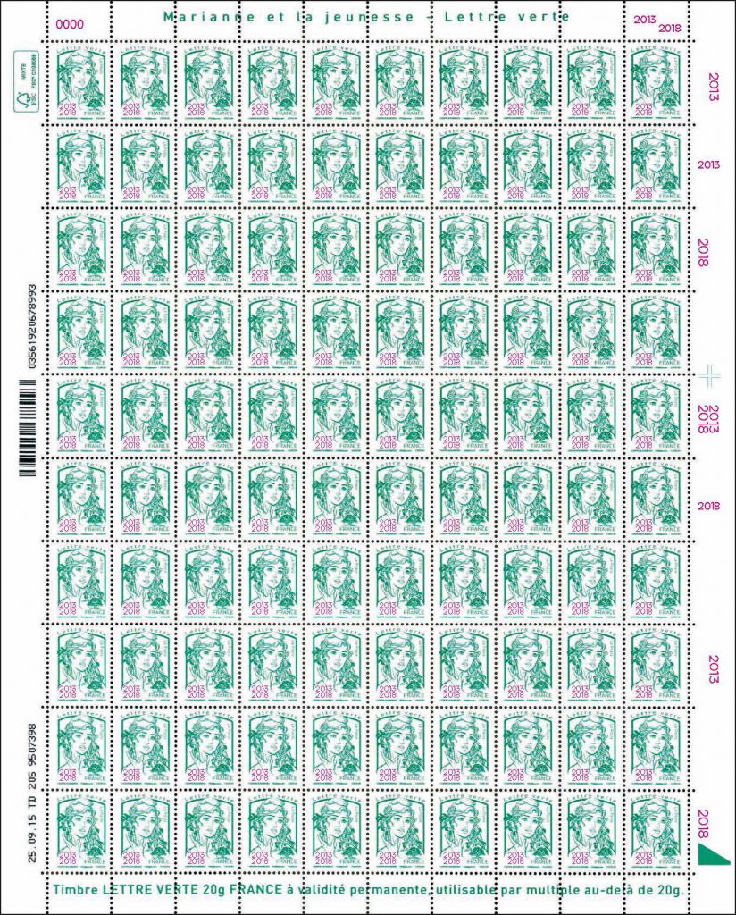 Timbres France 2018 Bloc de 4 Marianne Lettre Verte surchargés 2013-2018  Neuf ** Oblitéré chez philarama37